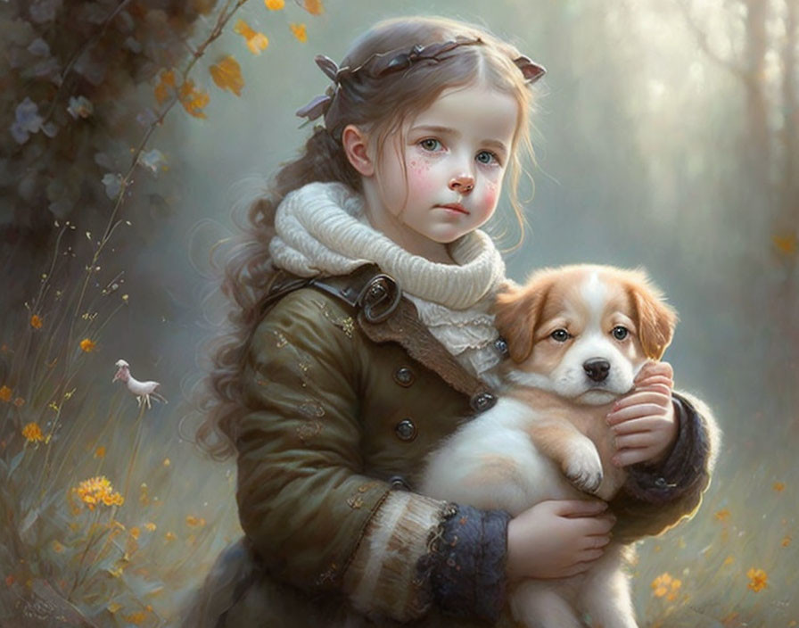 Young girl with flower crown holding puppy in serene forest glade