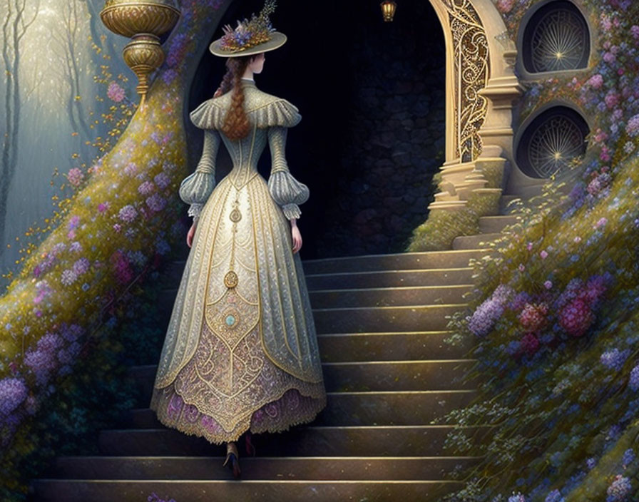 Elaborate vintage dress woman at mystical doorway on stone stairway