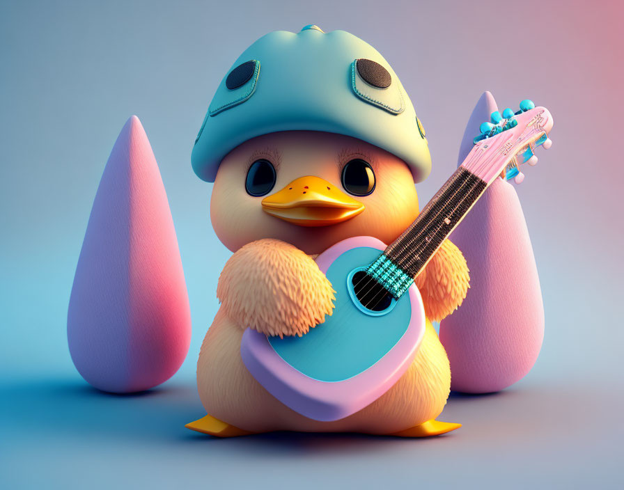 Cheerful duck with blue helmet and guitar in playful illustration