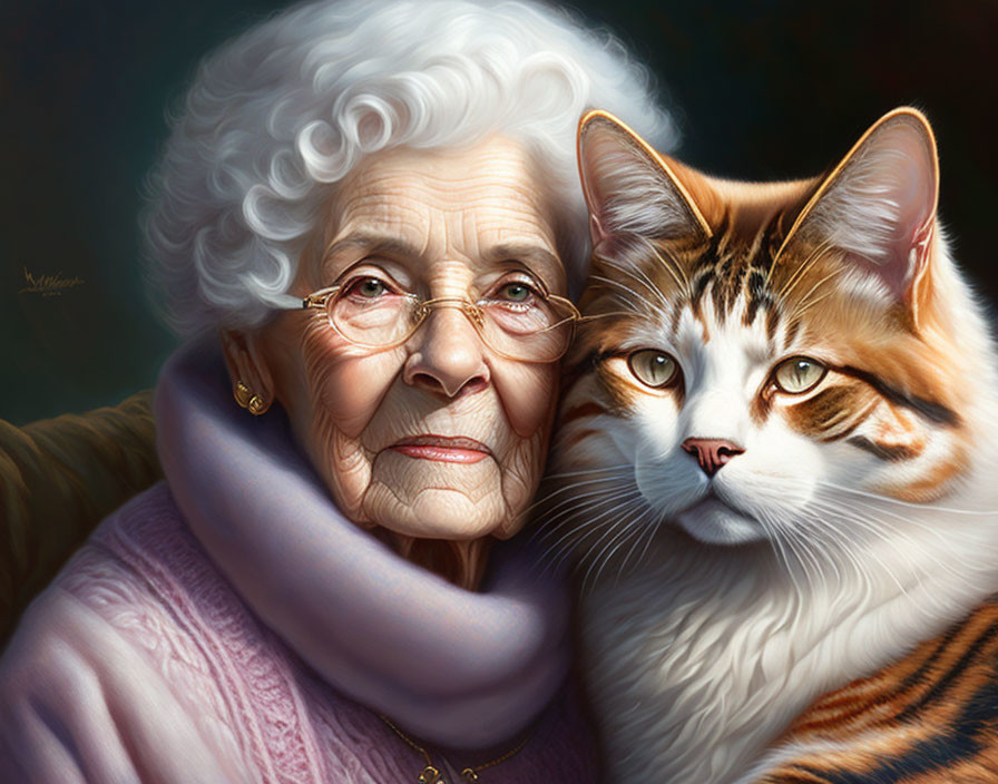 Elderly woman with white hair and glasses beside orange and white cat