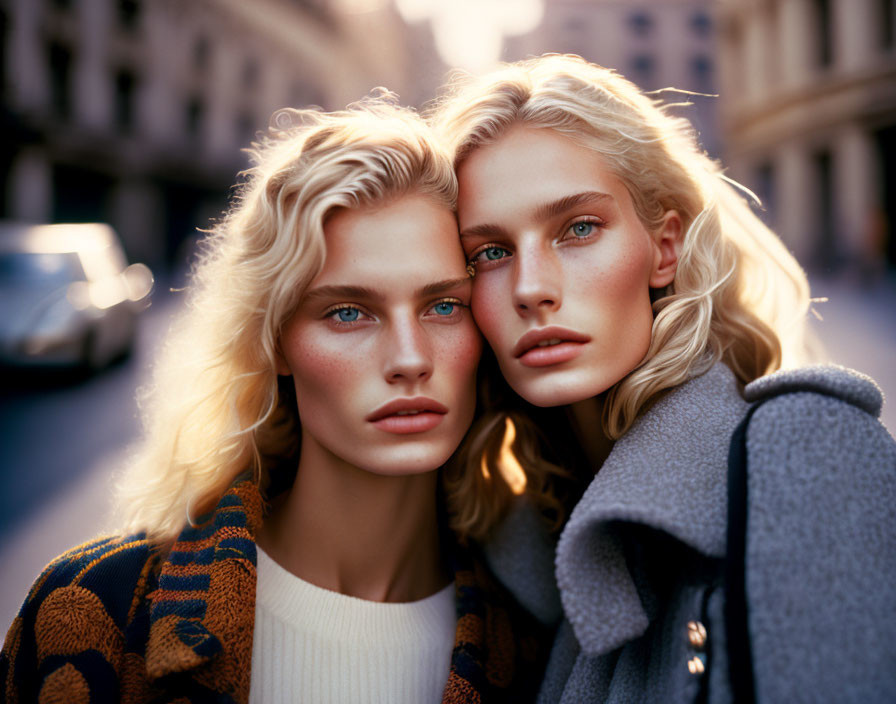 Two Women with Striking Blue Eyes and Blonde Curly Hair in Stylish Clothing on City Street at