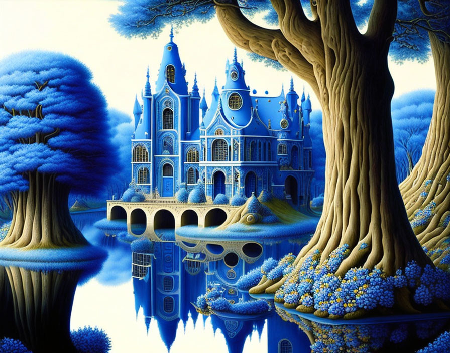 Ornate blue cathedral integrated with nature and vivid blue trees in tranquil water