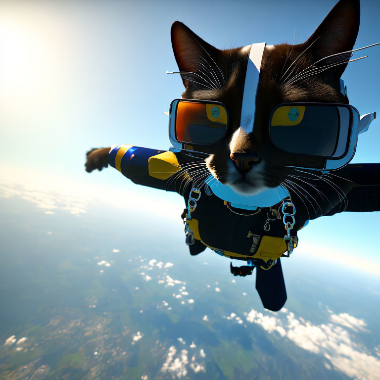 Cat in flight suit skydiving under clear sky with scattered clouds