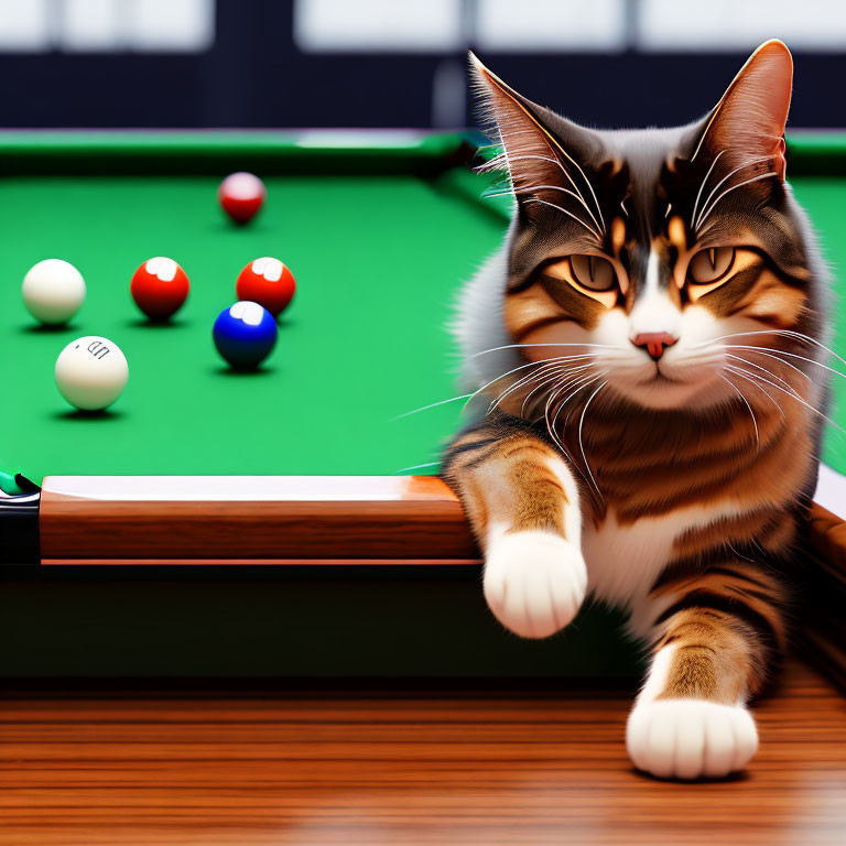 Distinctive Marked Domestic Cat Relaxing Near Scattered Pool Balls