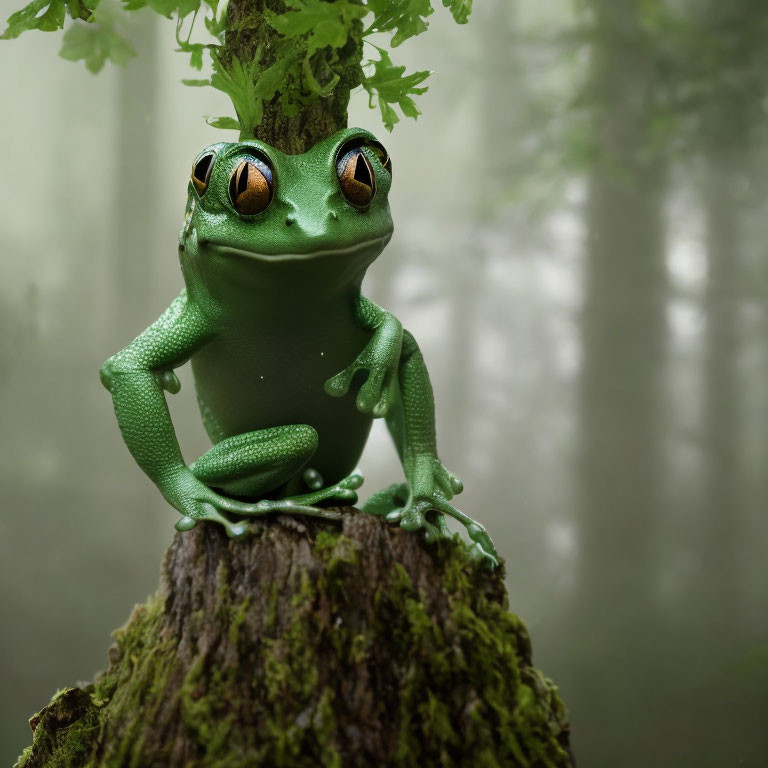 Green anthropomorphic frog with large orange eyes on tree stump in misty forest.