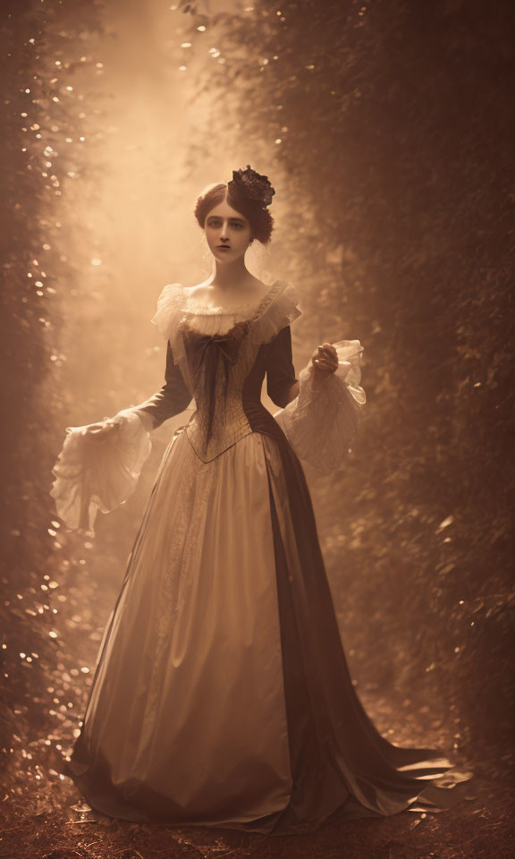 Woman in vintage dress in foggy forest evokes mysterious nostalgia