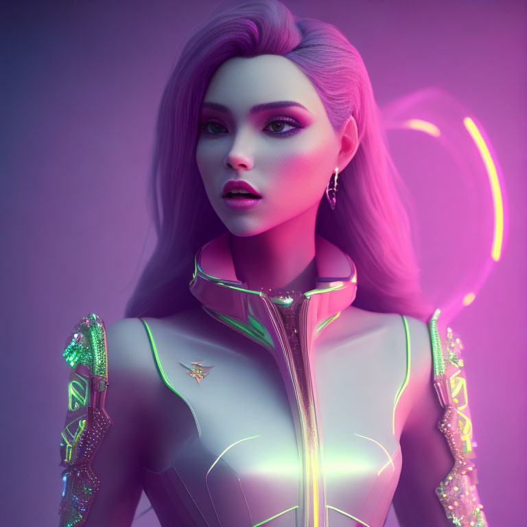 Futuristic woman with purple hair and neon attire on gradient backdrop