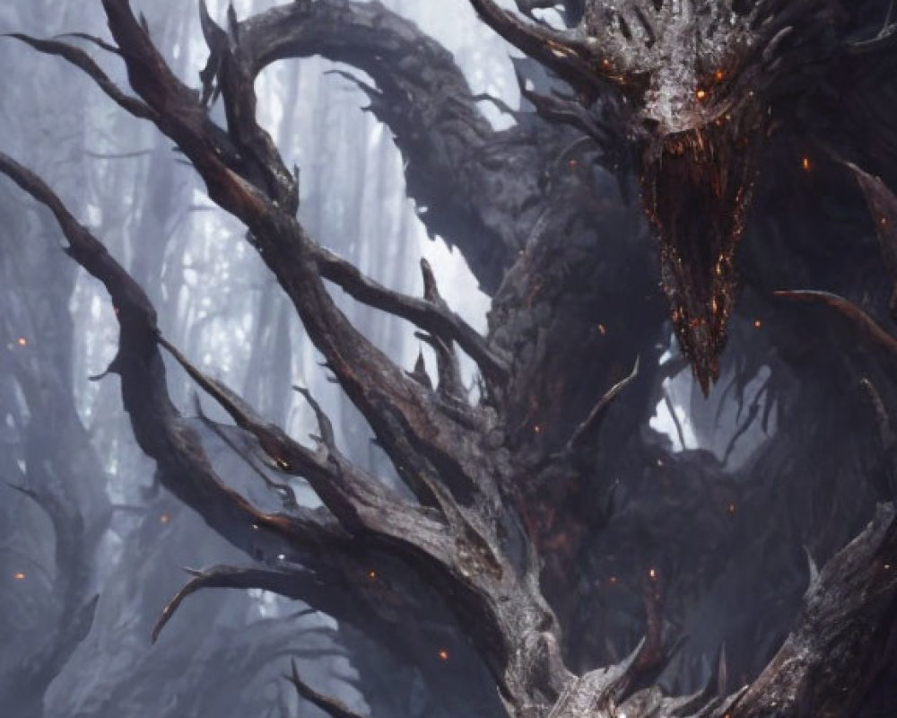 Mystical Dark Tree-Like Creature in Foggy Forest with Orange Glows