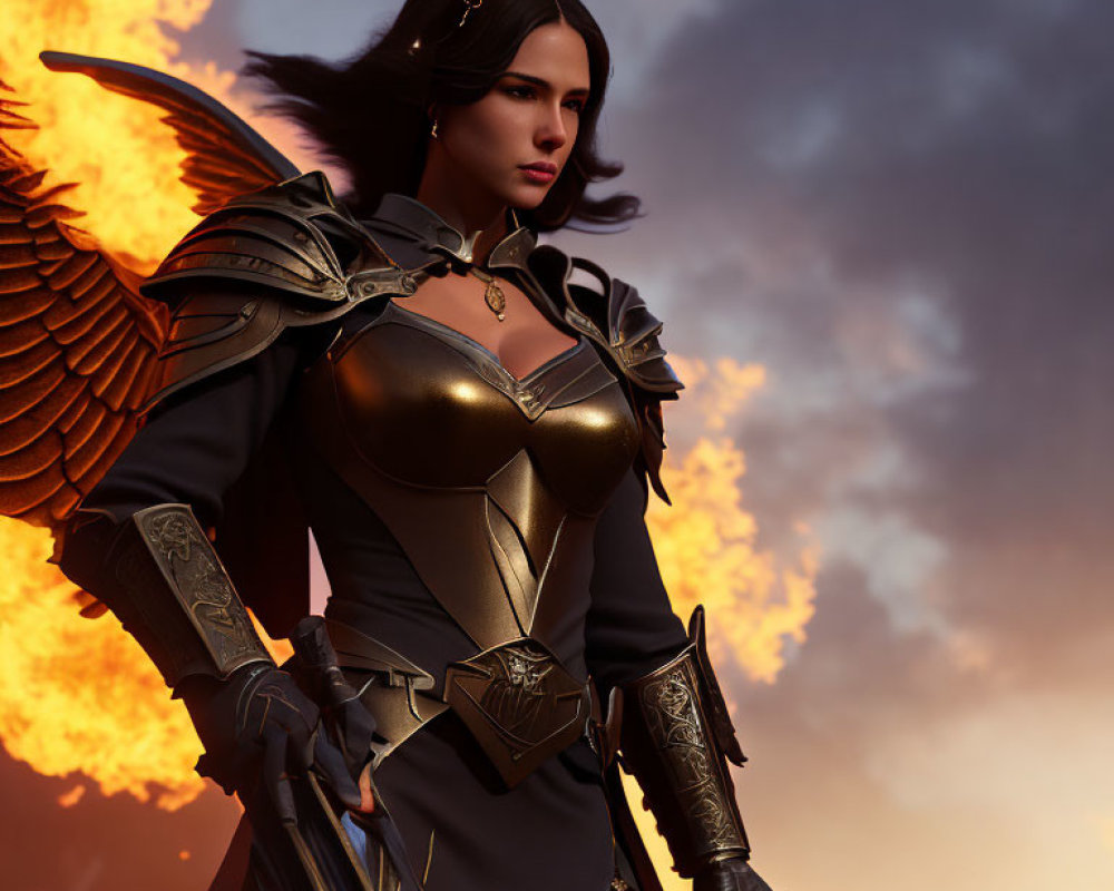 Female warrior in golden-trimmed armor with wings against dramatic sky.