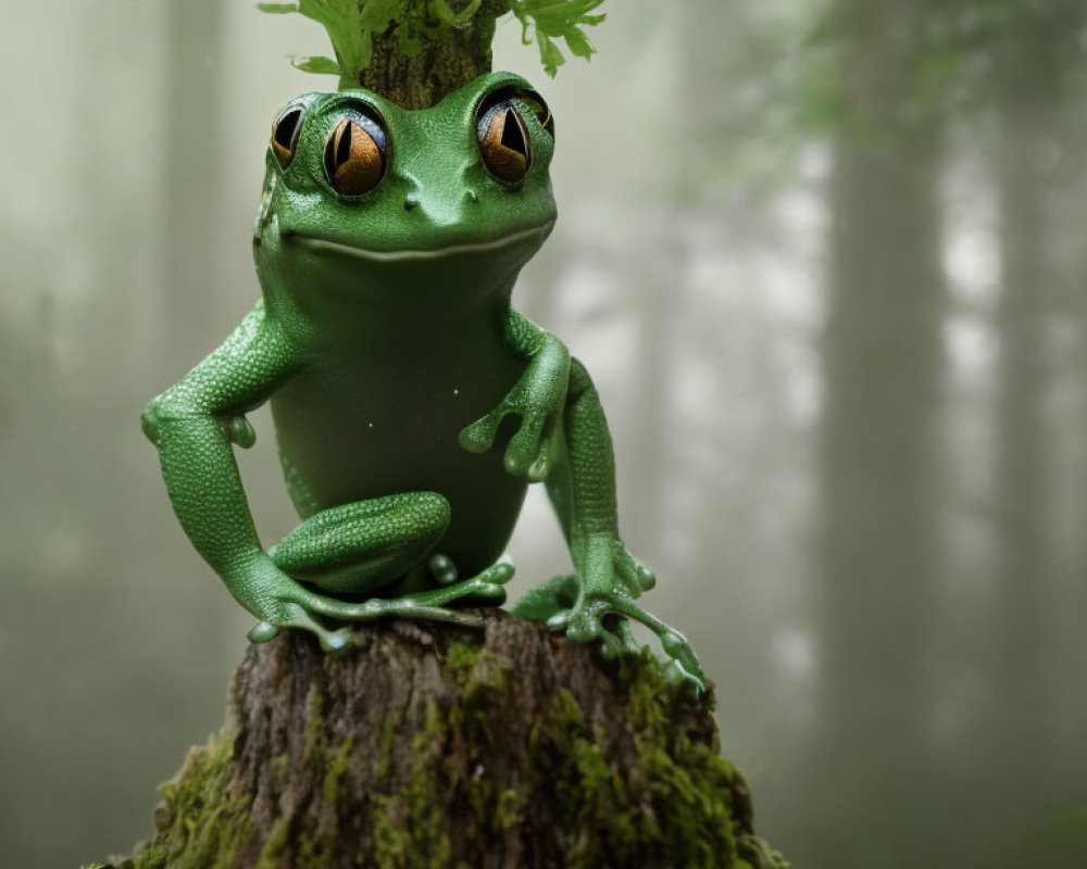 Green anthropomorphic frog with large orange eyes on tree stump in misty forest.