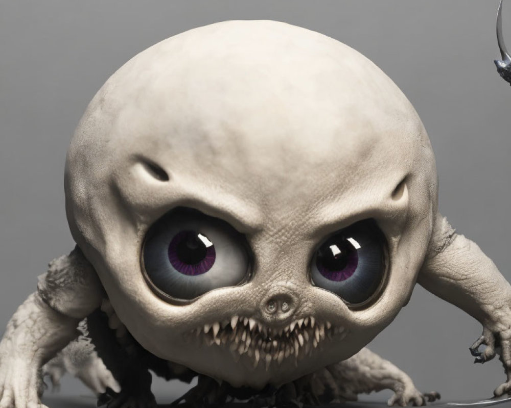 3D-rendered creature with large head and purple eyes on grey background