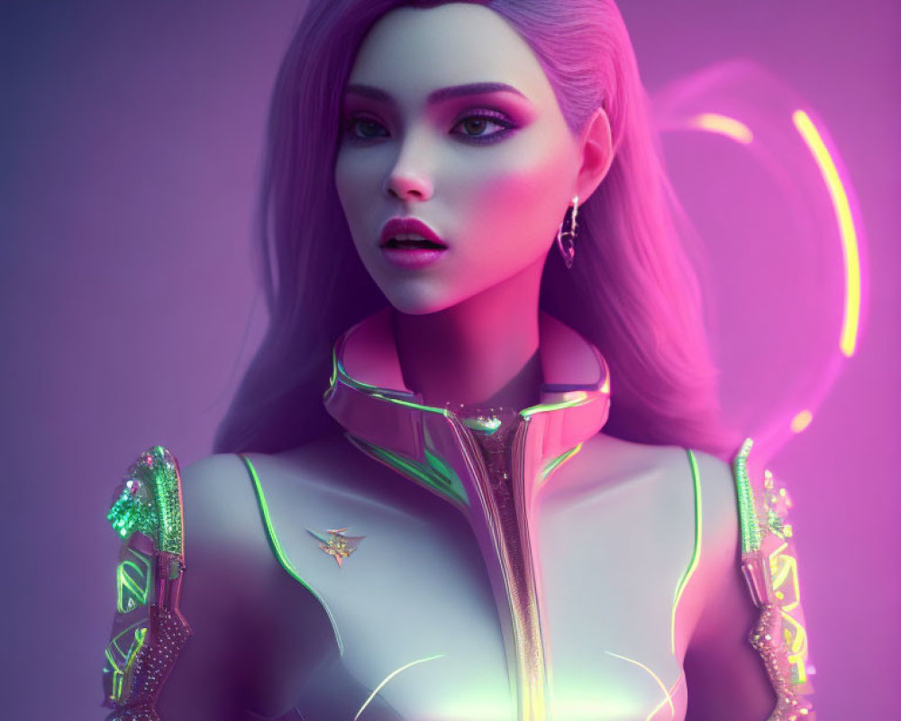 Futuristic woman with purple hair and neon attire on gradient backdrop