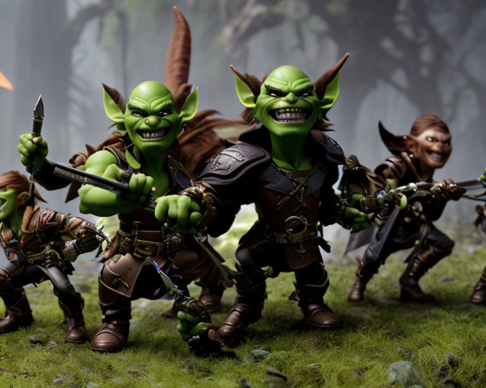 Green-skinned goblins with swords in misty forest