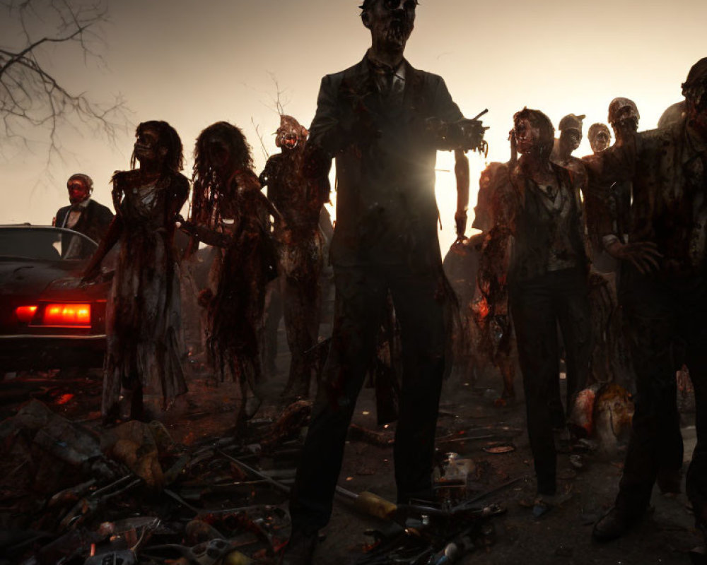 Zombies in Business Attire in Post-Apocalyptic Scene