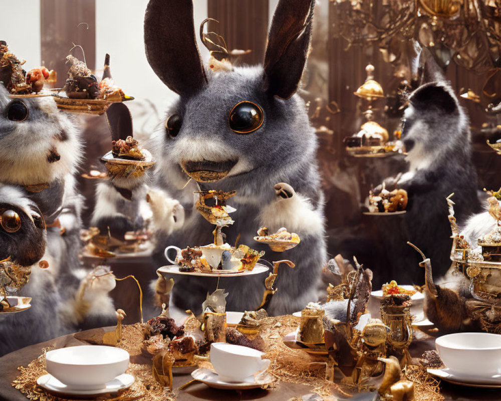 Luxurious Tea Party Setting with Anthropomorphic Rabbits and Ornate Tableware