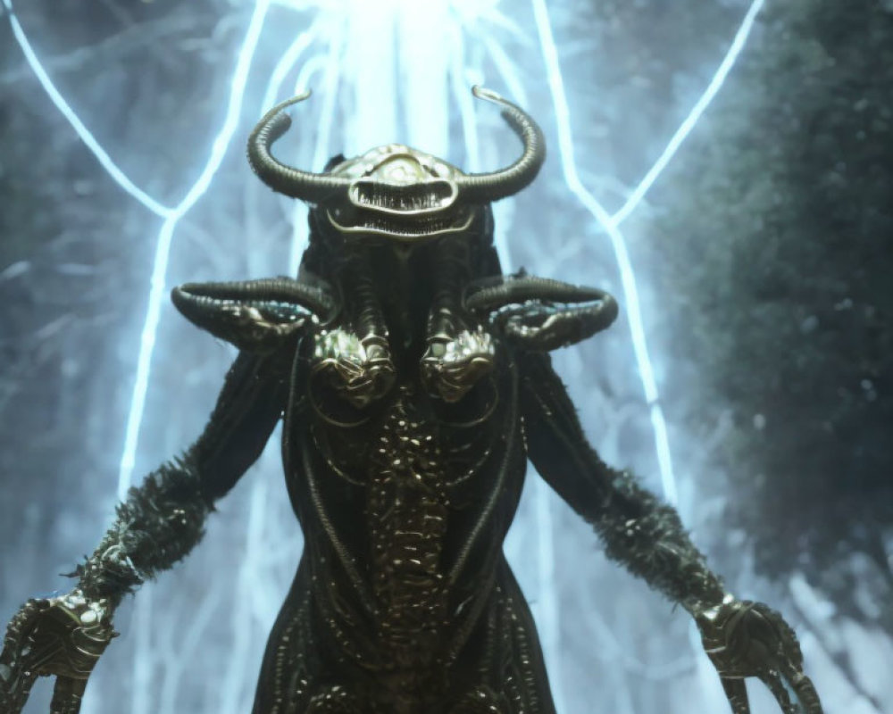 Horned creature in intricate armor illuminated in forest.