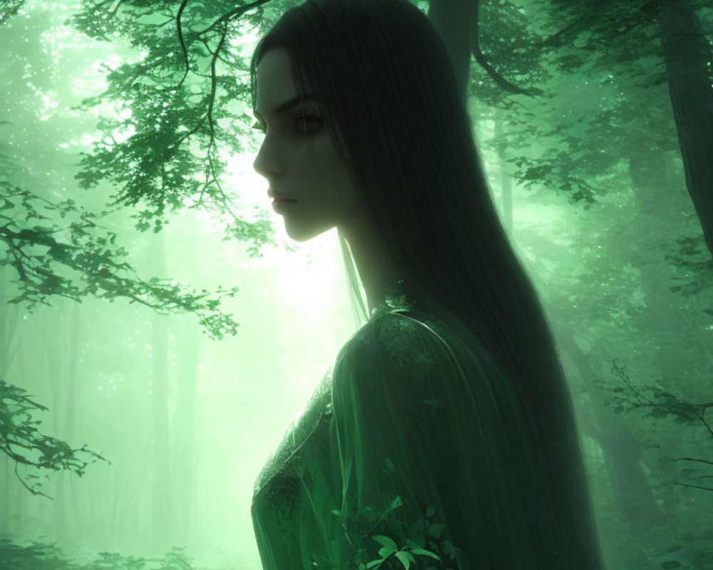 Mystical woman with long hair in misty green forest