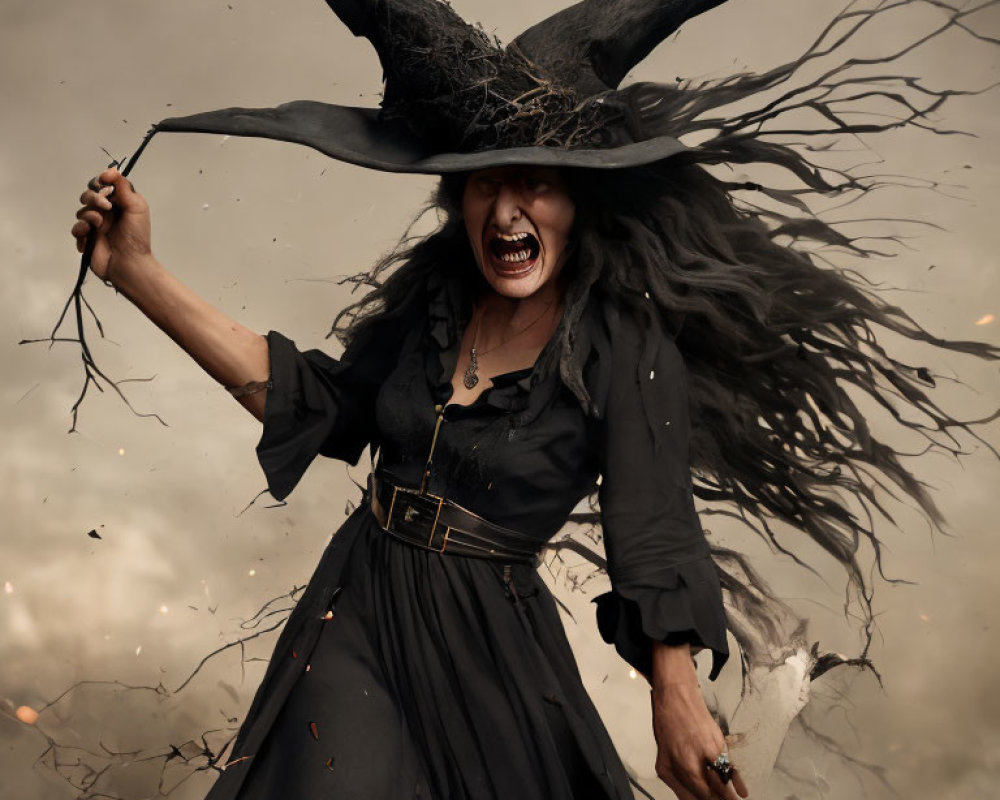 Angry witch with pointed hat and broomstick in stormy backdrop