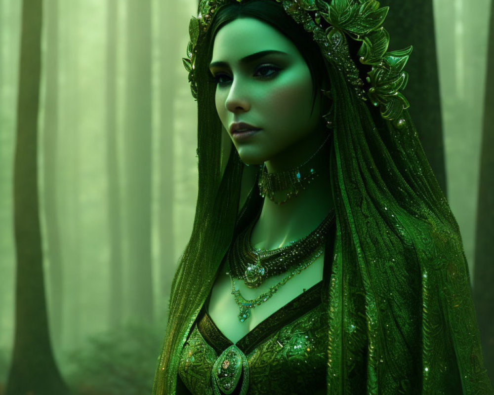 Green-skinned woman adorned in jewelry and headdress, in misty forest