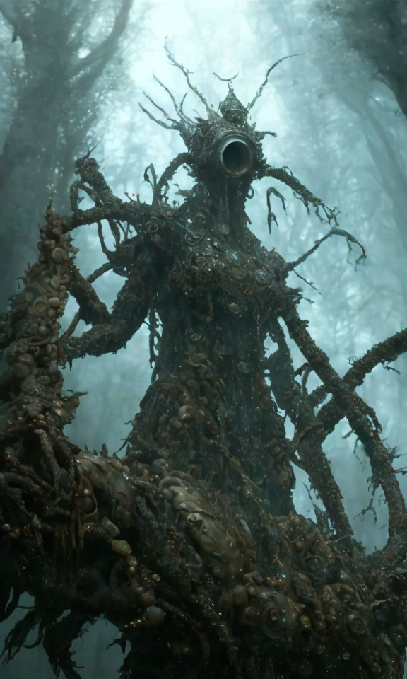 Mystical tree-like creature in foggy forest with horned head