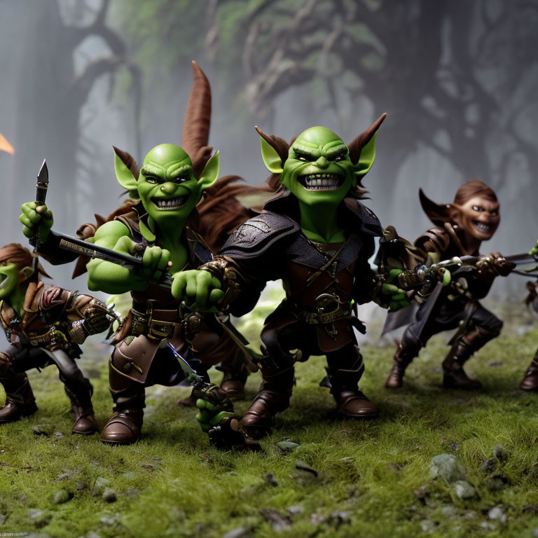 Green-skinned goblins with swords in misty forest