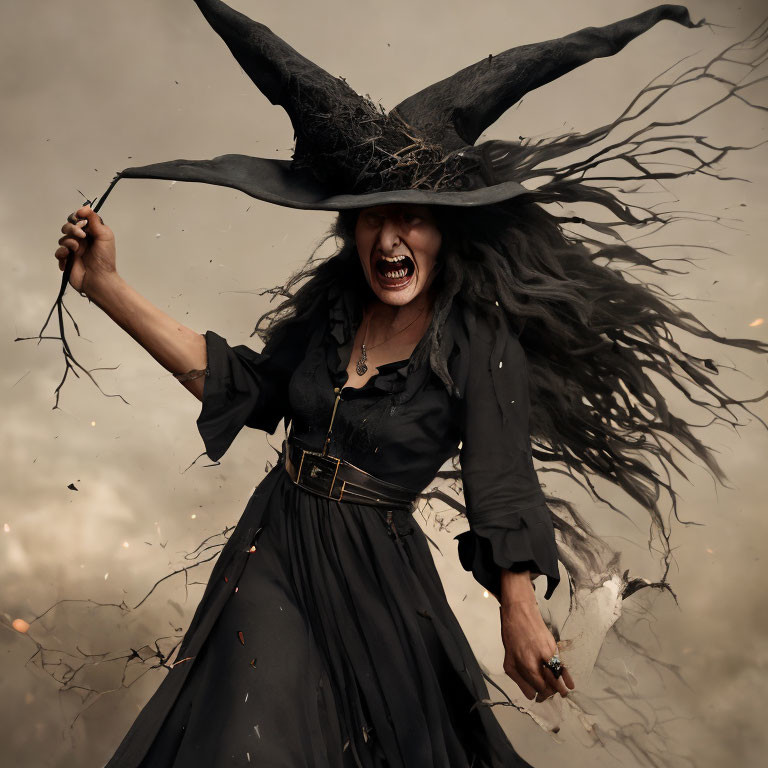 Angry witch with pointed hat and broomstick in stormy backdrop