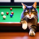 Distinctive Marked Domestic Cat Relaxing Near Scattered Pool Balls