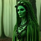 Green-skinned woman adorned in jewelry and headdress, in misty forest