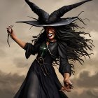 Angry witch with pointed hat and broomstick in stormy backdrop