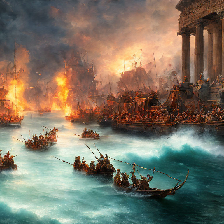 Fiery naval battle scene with ancient ships and burning city