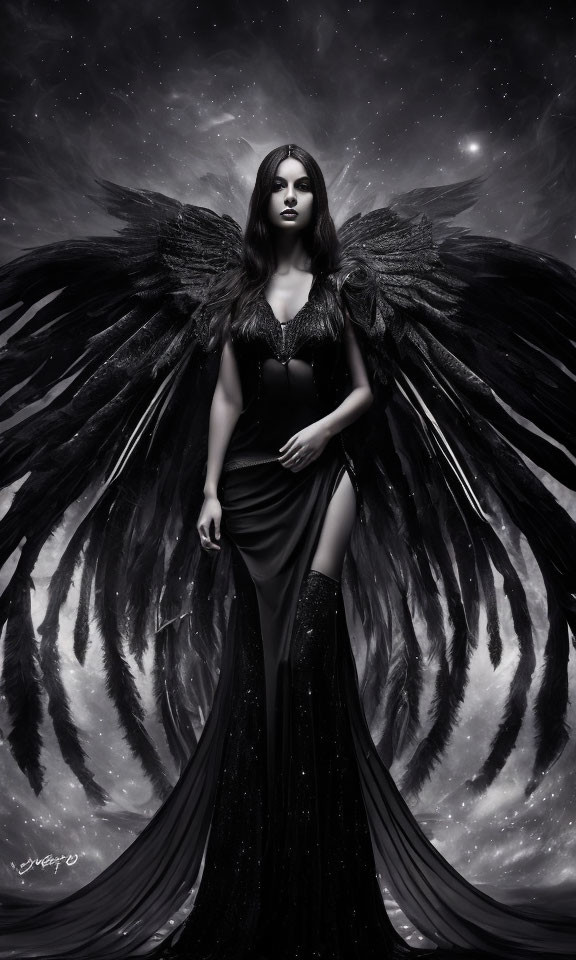 Monochrome image of woman with dark angelic wings in elegant gown