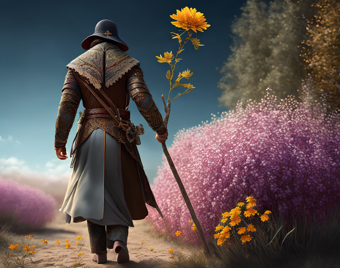 Person in historic clothing with sword and hat walking among blooming flowers under clear sky