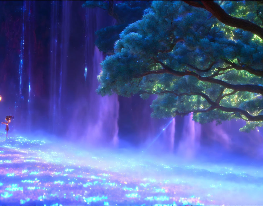 Enchanted forest scene with glowing flowers, radiant trees, and mysterious figure under night sky in purple