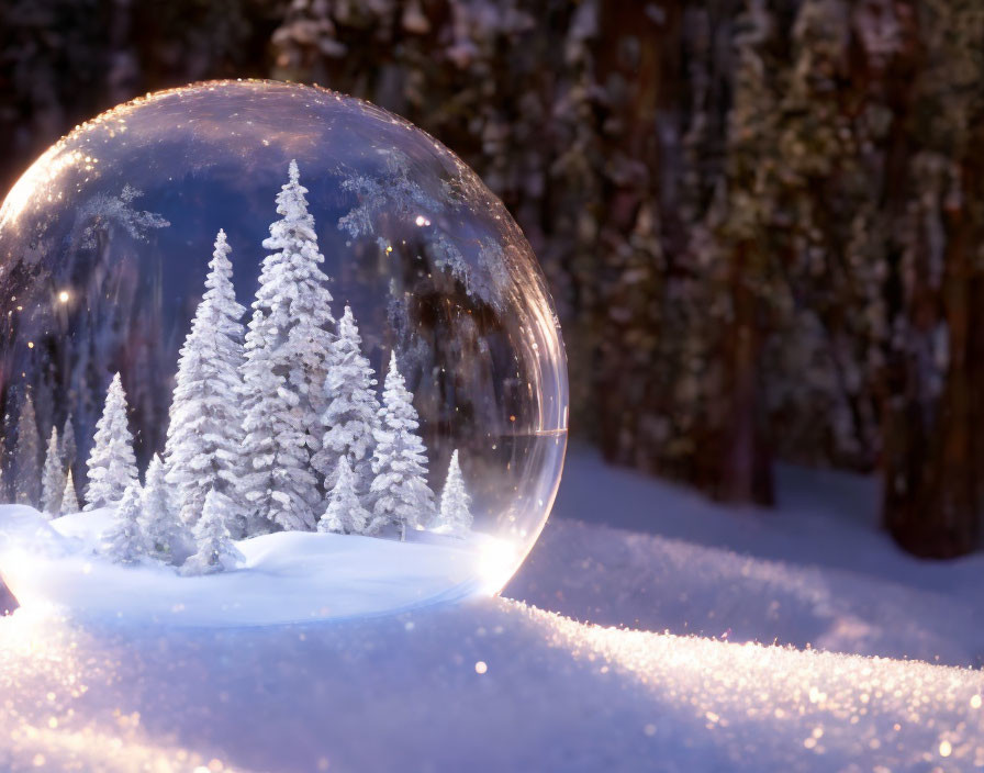 Transparent Sphere with Snowy Pine Forest Scene in Snowy Background