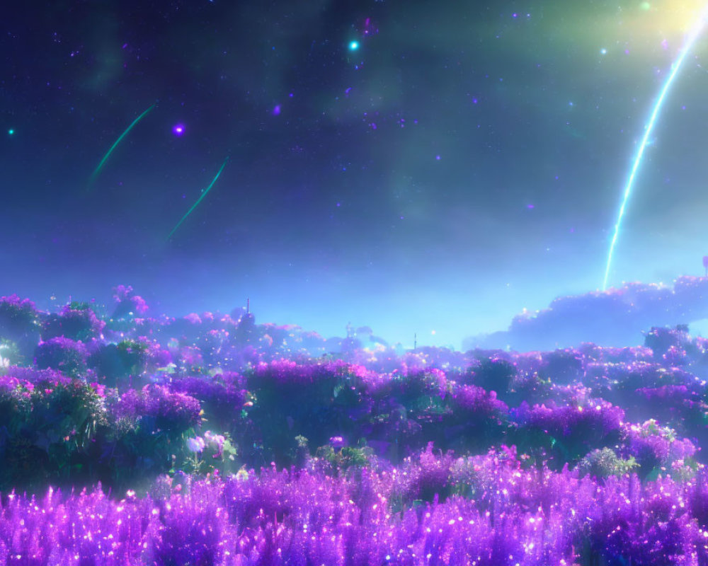 Purple flowers in a night sky with shooting stars and nebulous glow