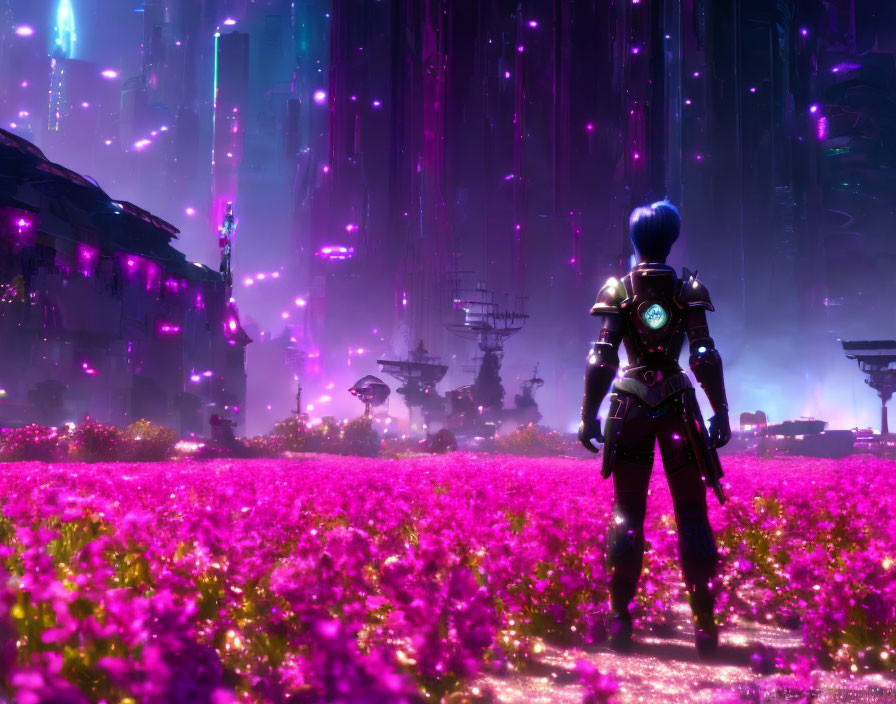 Futuristic armor figure in vibrant alien landscape