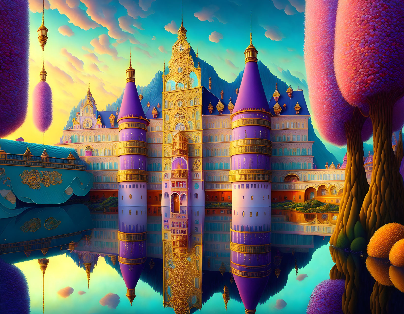 Fantasy castle with ornate spires and whimsical trees by water under cloud-streaked sky