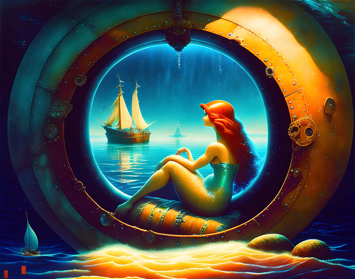 Mermaid in submarine porthole views ocean sunset.