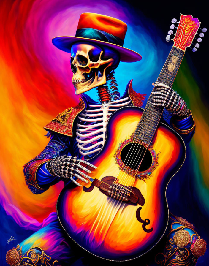 Colorful Skeleton Playing Guitar with Psychedelic Background