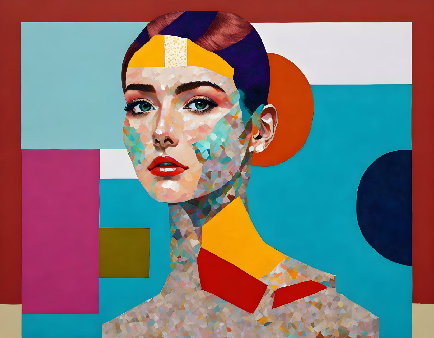 Vibrant abstract portrait with geometric shapes and colorful patterns.