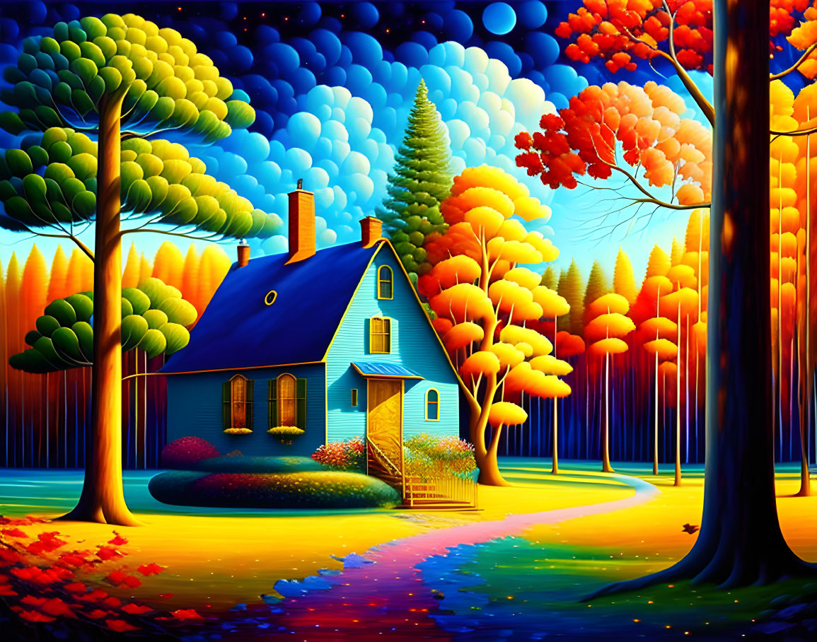 Whimsical blue house in autumnal setting with starry night sky