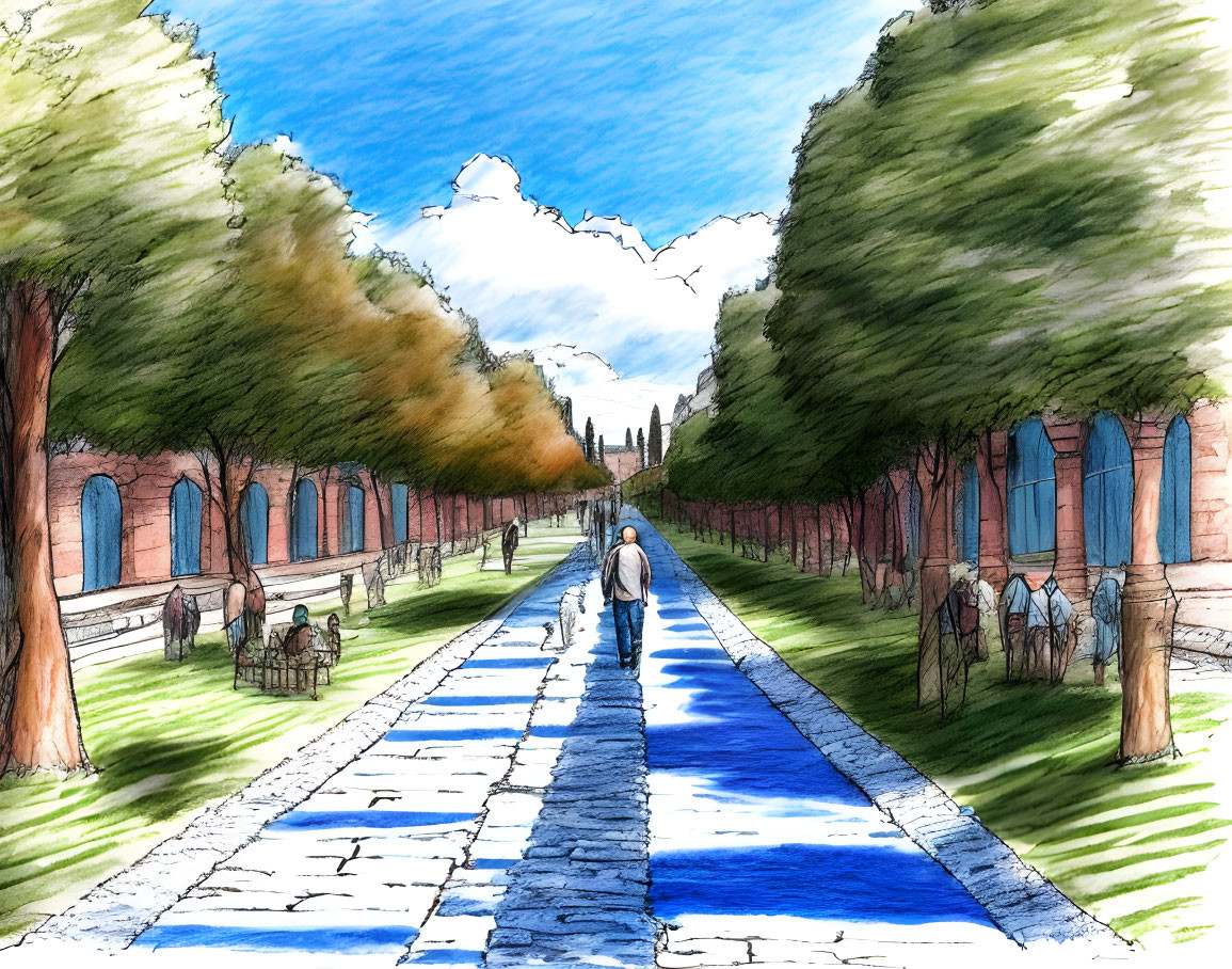 Park pathway with trees, benches, pedestrians, and blue sky