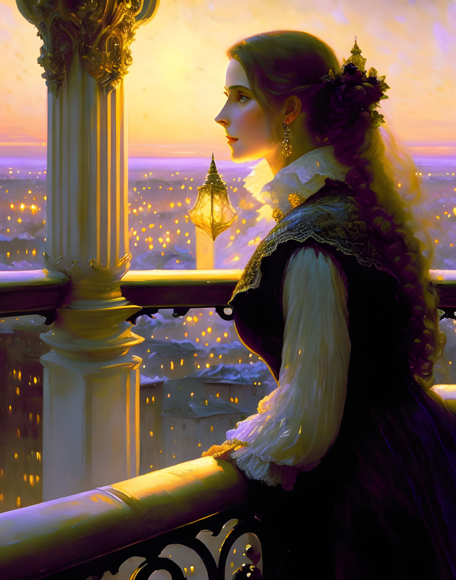 Victorian woman on balcony at dusk overlooking cityscape with lantern