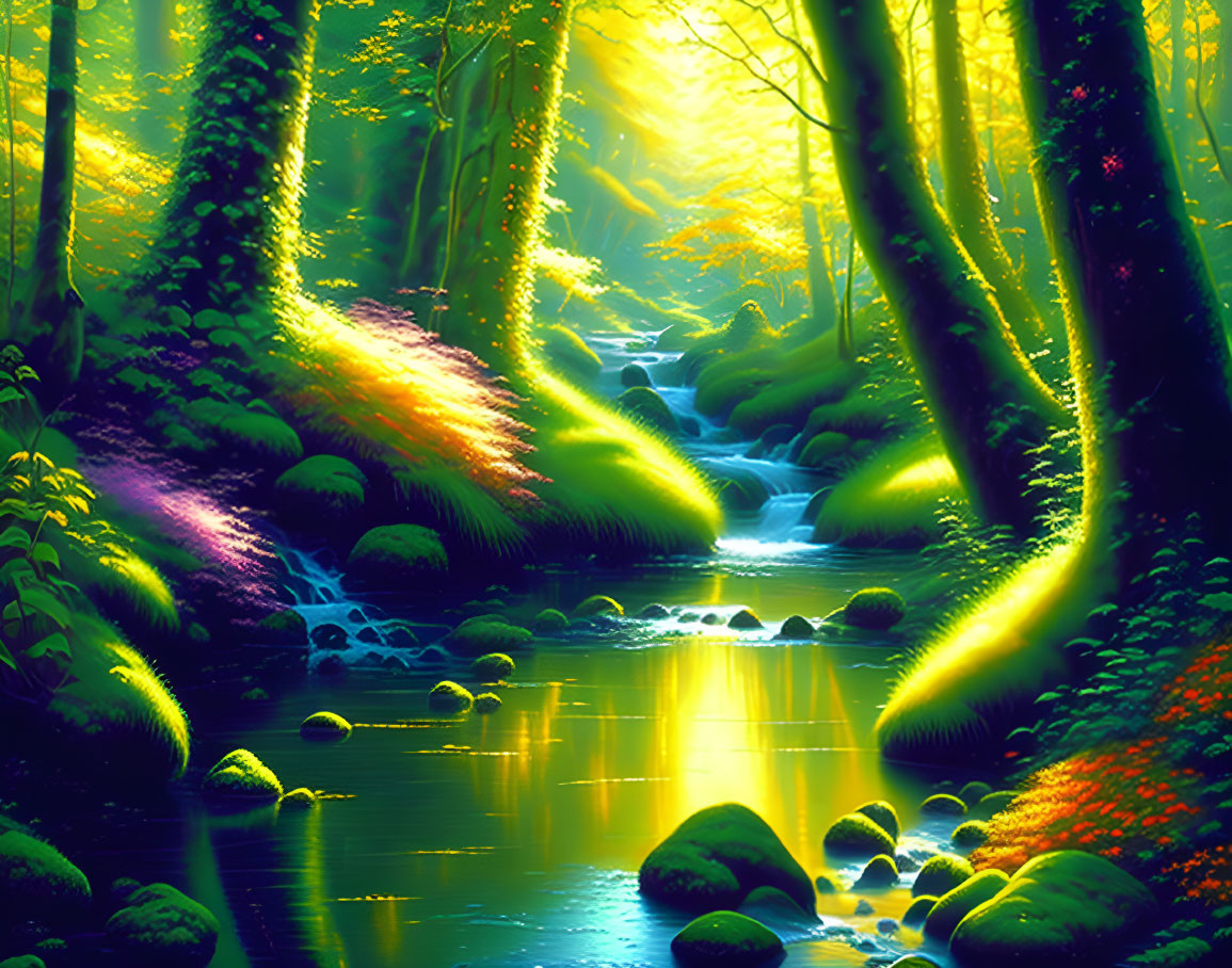 Sunlit stream in mystical forest with lush greenery