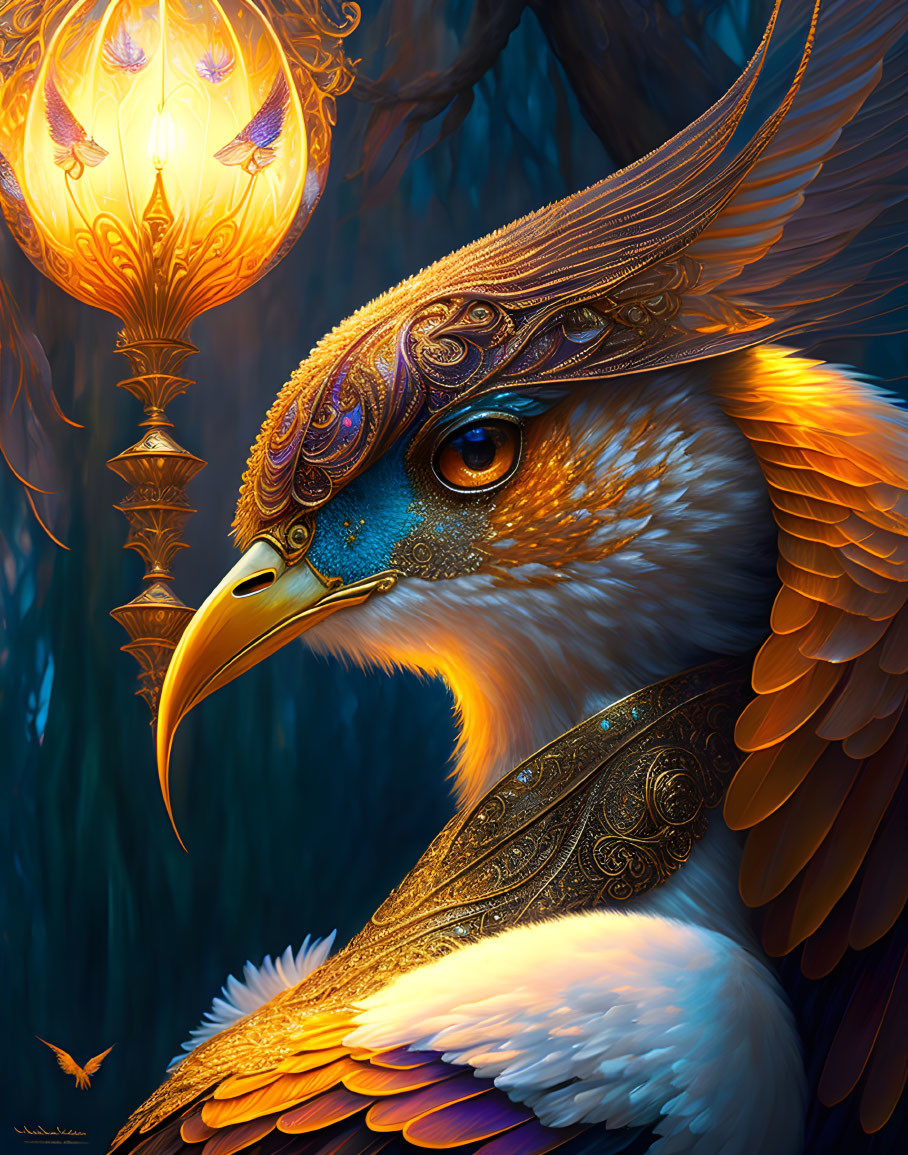 Ornately adorned bird with golden crown in mystical forest setting