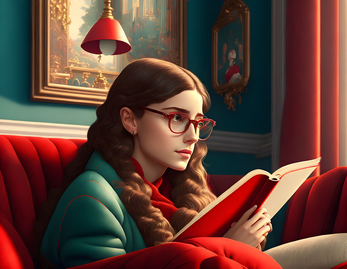 Young woman with glasses reading red book on red couch in classic room