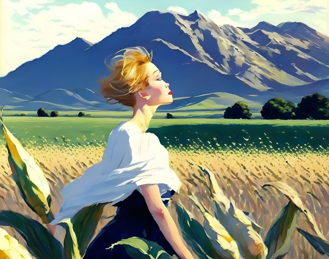 Woman in white blouse surrounded by golden wheat fields and mountains.