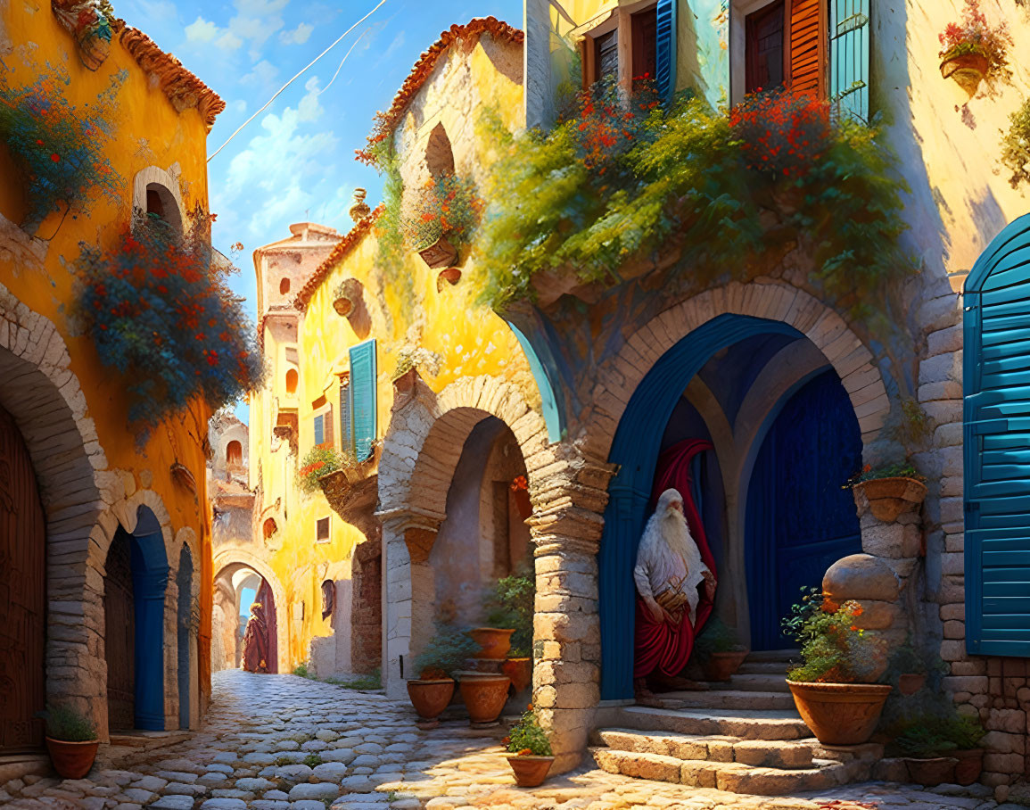 Historic cobblestone street with colorful houses and greenery featuring a figure in red.