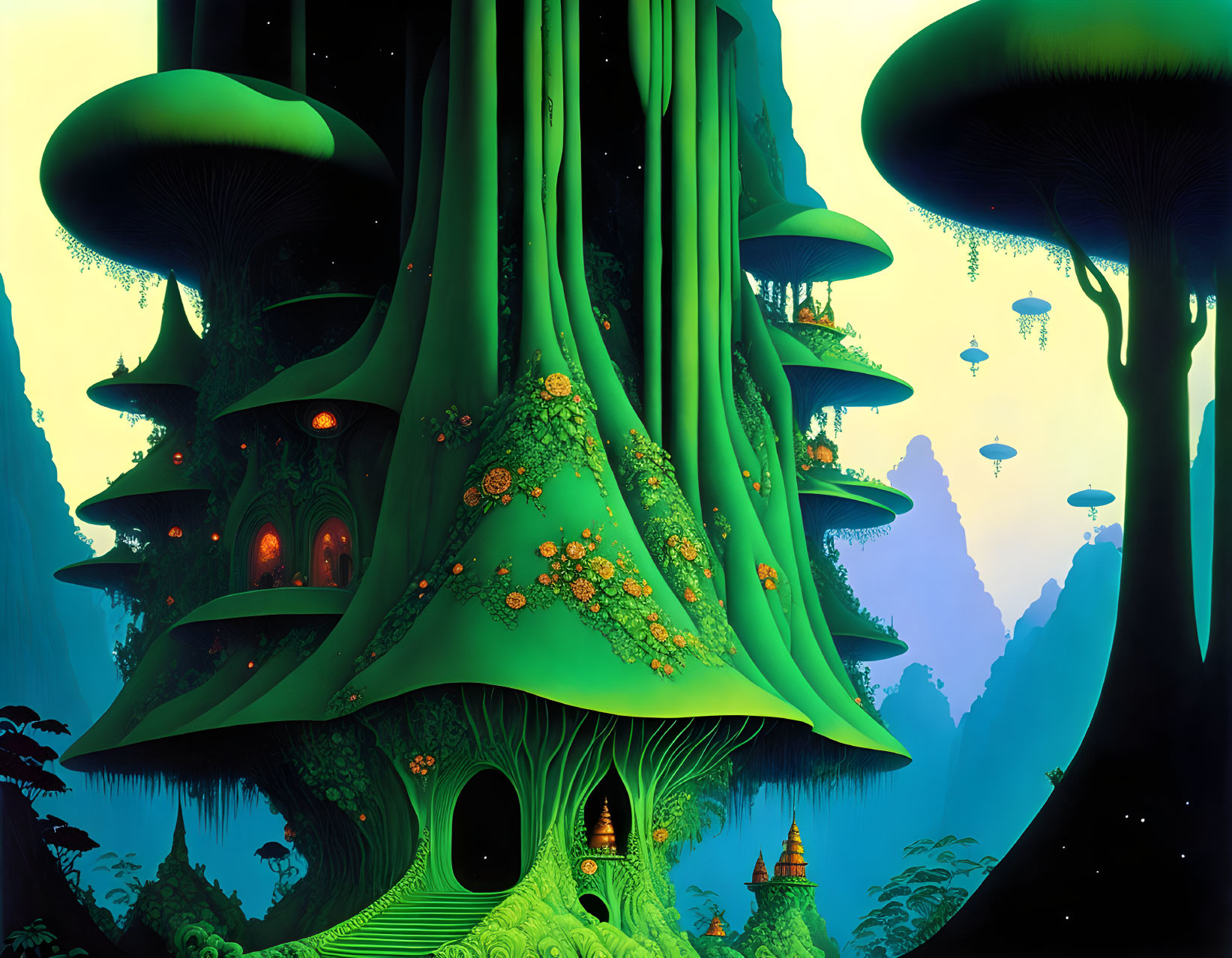 Vibrant forest with towering mushroom-like trees and floating islands