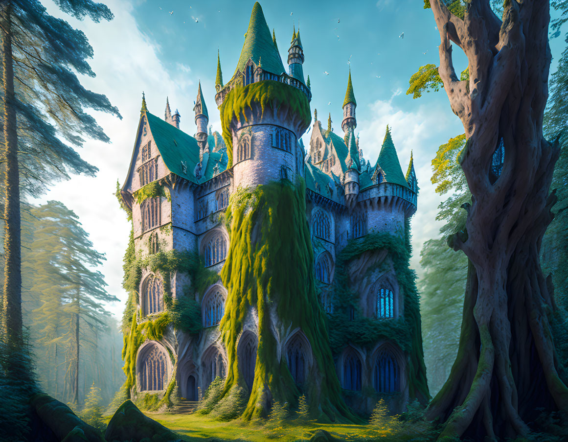 Moss-Covered Castle in Sunlit Forest